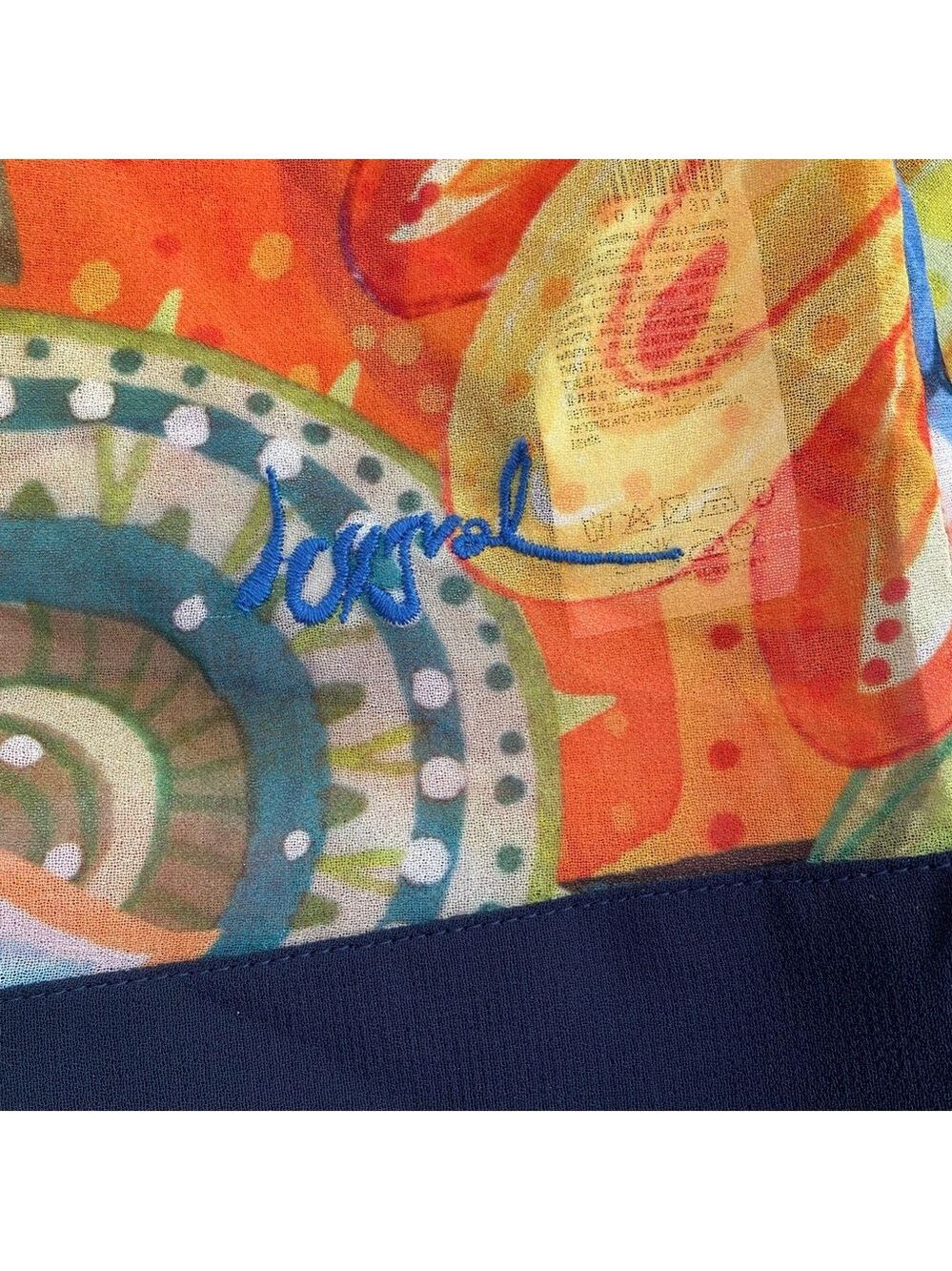 Desigual sheer festive top 3/4 sleeves floral Pom Pom V neckline orange yellow - Picture 16 of 16
